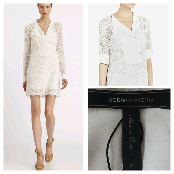 NWT BCBGMAXAZRIA Lunah Shift Dress M Cream Lace Mandarin Silk Bib Contrast - Picture 1 of 12